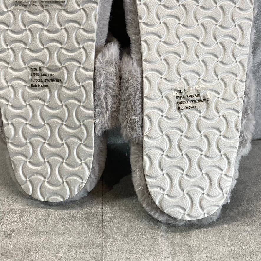 OLIVIA MILLER Women's Gray Faux-Fur Chloe T-Strap Thong Slip-On Slippers SZ 9