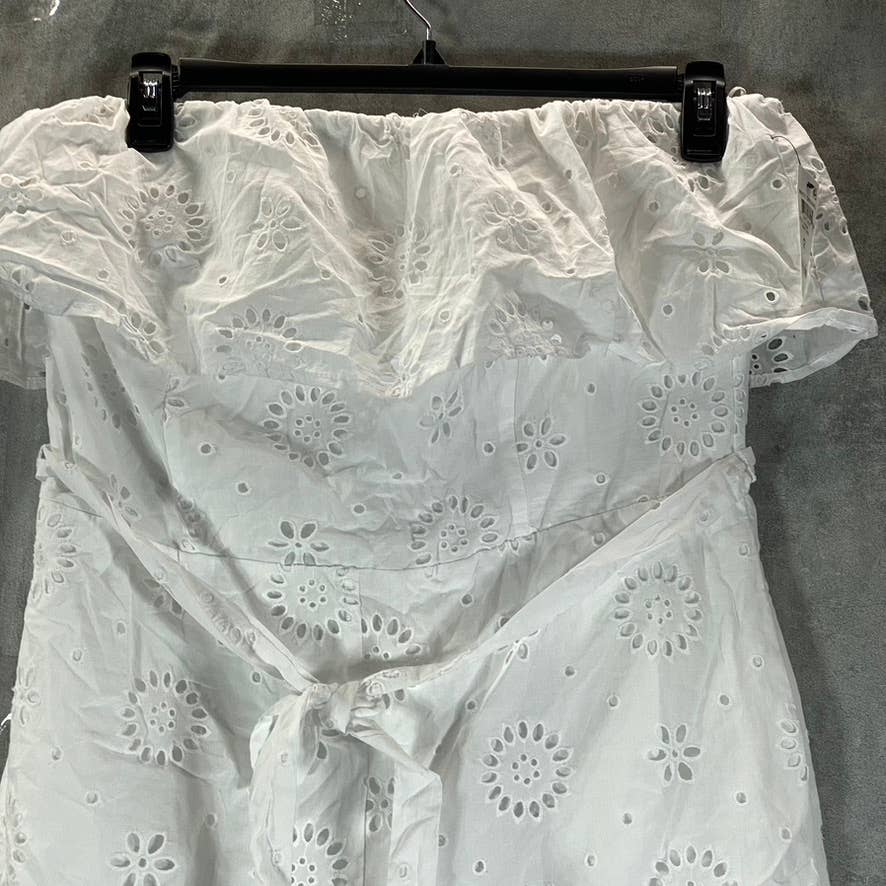 BAR III Women's Bright White Ruffled Strapless Eyelet Tie-Waist Romper SZ 12