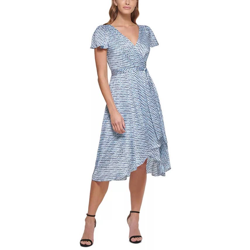 DKNY Women's Blue Printed Flutter-Sleeve V-Neck Faux-Wrap Dress SZ 14