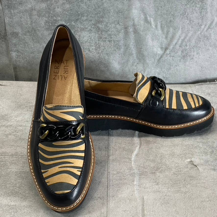NATURALIZER Women's Black-Creme Zebra Print Chain-Detail Agnes Slip-On Loafers