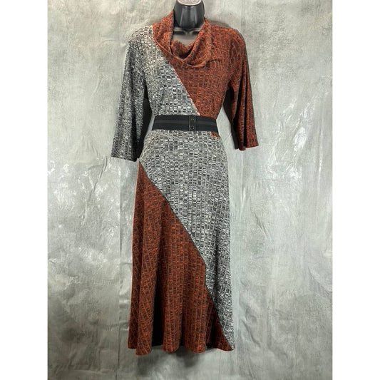 NY COLLECTION Women's Rust/Grey 3/4 Sleeve Belted Colorblocked Cowl-Mask Dress