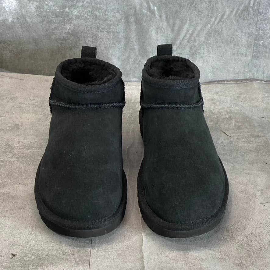 UGG Women's Black Suede/Fur Classic Ultra Mini Round-Toe Slip-On Booties SZ 7