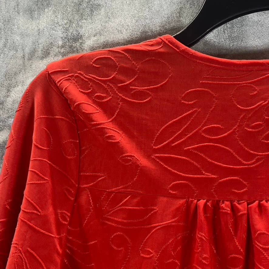 NY COLLECTION Women's Red 3/4 Roll Tab Zip-Front Jacquard Knit Top SZ M