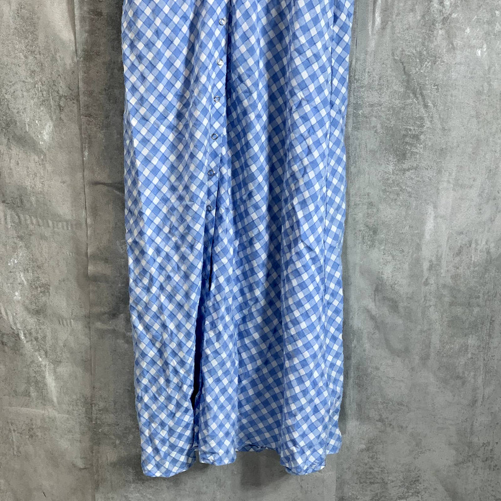 BETSEY JOHNSON Women's Placid Blue Gingham V-Neck Puff-Sleeve Snap Midi Shirt