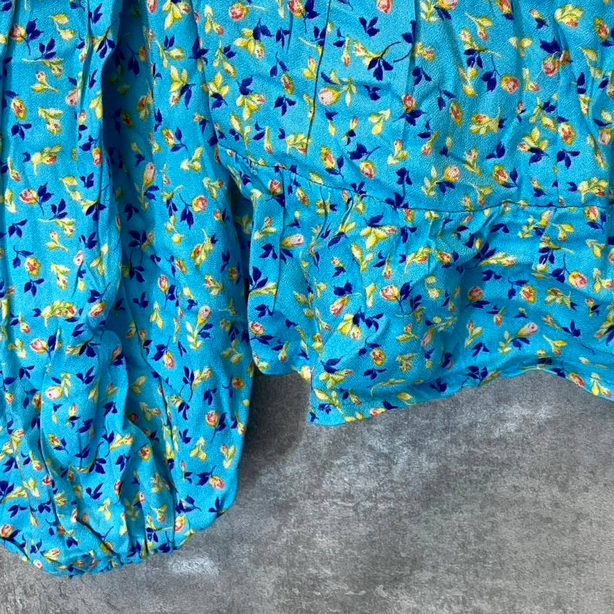 AFRM Women's Bright Blue Floral Print Soni Ruched Balloon Sleeve Crop Top SZ S