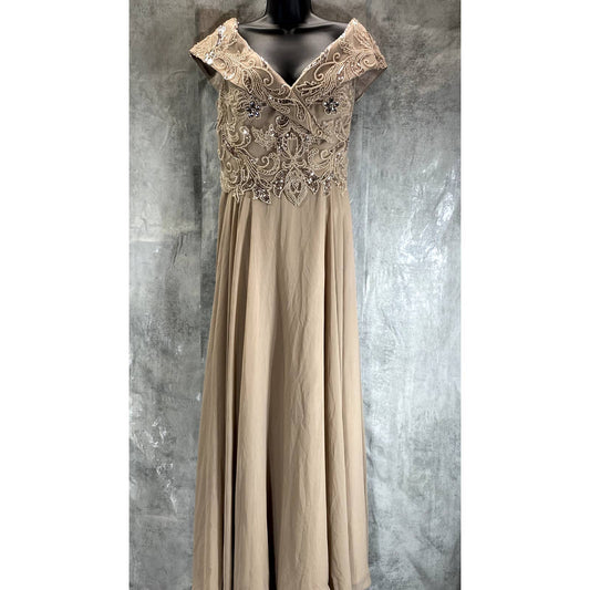 XSCAPE Women's Taupe Beaded Bodice Sweetheart Off-the-Shoulder Chiffon Gown SZ16