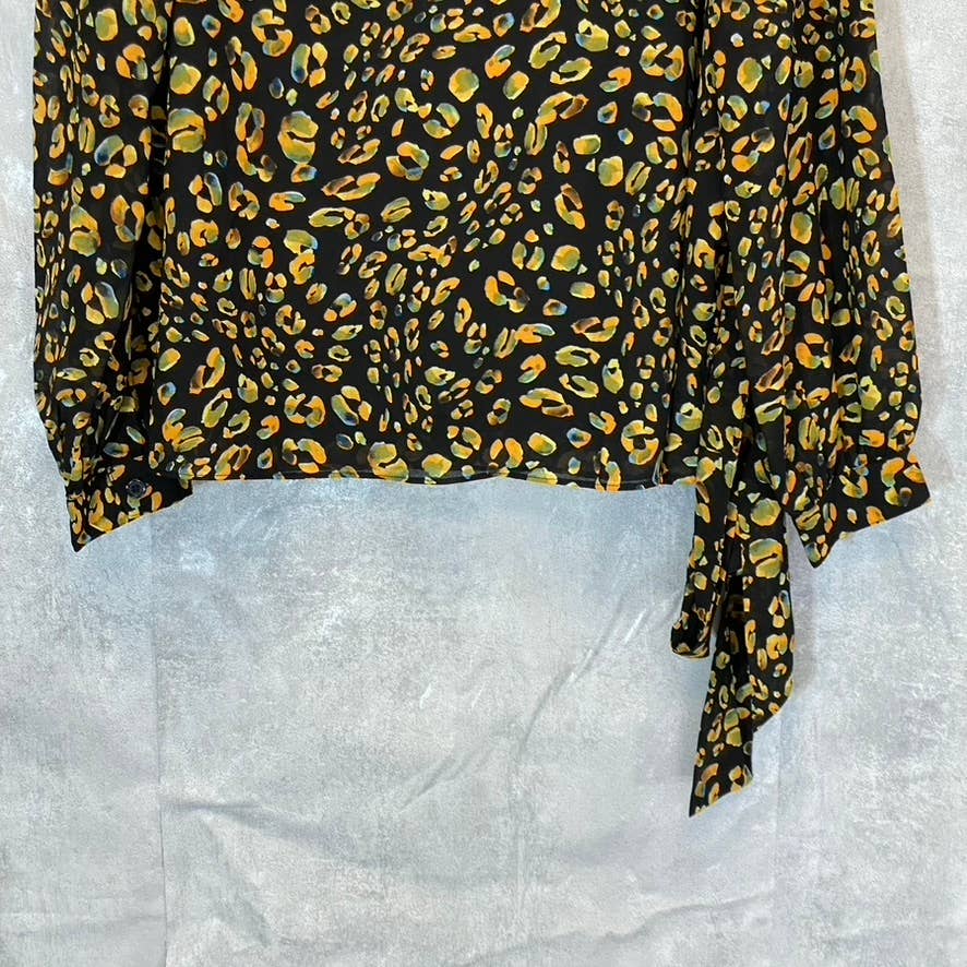 LOST + WANDER Women's Black Animal Print Dance All Night Belted Long Sleeve Top SZ S