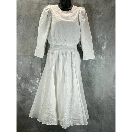 INC Women's Bright White 3/4 Puff Sleeve Cotton Smocked Midi Dress SZ M