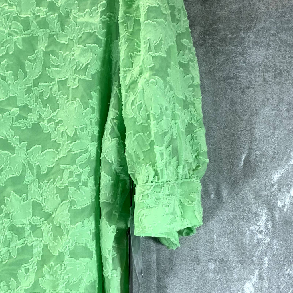 VINCE CAMUTO Women's Aloe Green Crewneck Textured Puff-Sleeve Jacquard Top SZ M