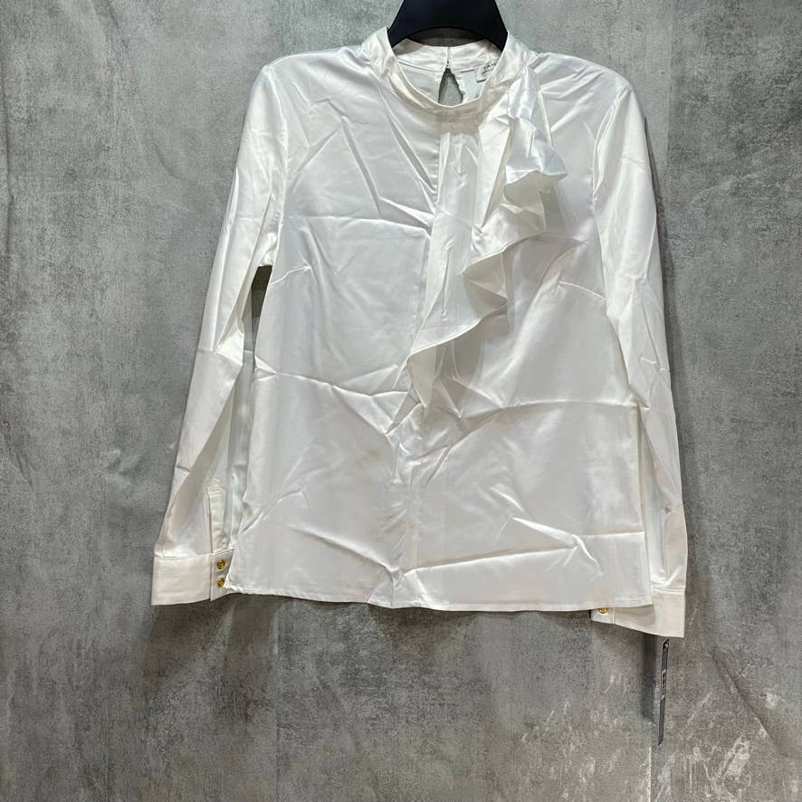 TAHARI ASL Petite Ivory Stand Collar Ruffle-Trim Long Sleeve Top SZ P/M