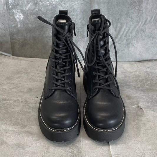 MADDEN GIRL Women's Black Carra Lug Sole Bock-Heel Lace-Up Combat Boots SZ 5