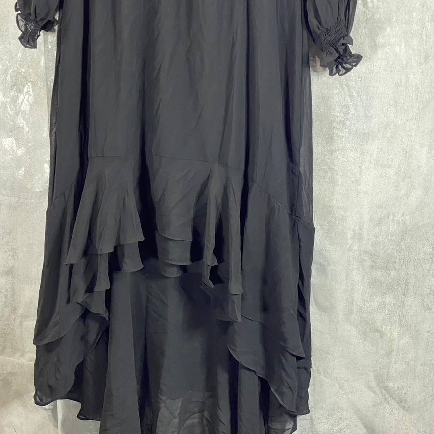1. STATE Women's Black Split-Neck Smocked Hi-Low Long Blouson Sleeves Dress SZ M