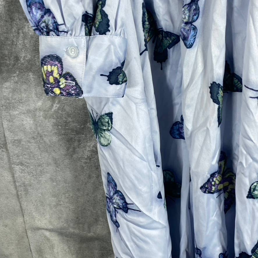 NINA PARKER Women's Plus Blue Butterfly Satin Trendy V-Neck Long-Sleeve Romper