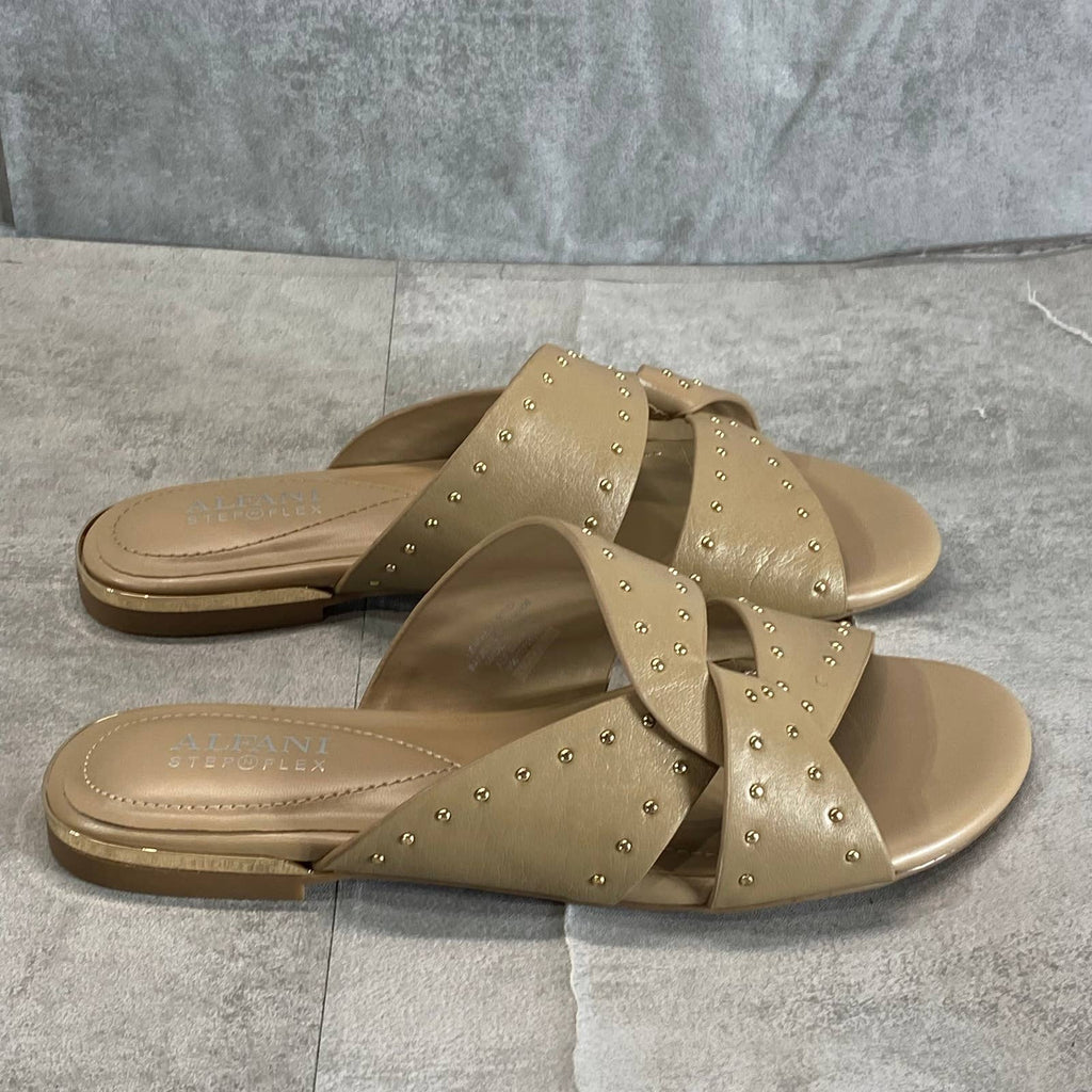 ALFANI Step 'N Flex Women's Nude Leather Danicah Studded Slide Flat Sandals SZ 6