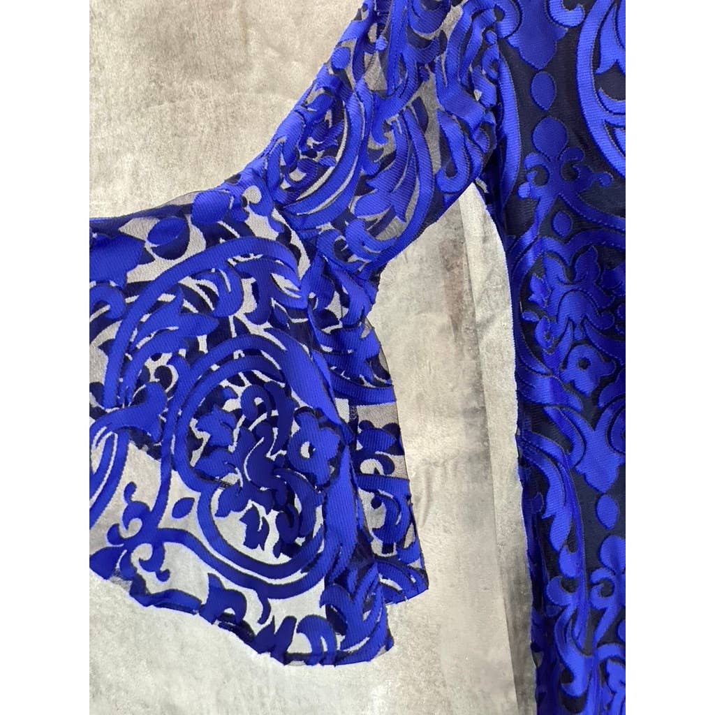 MSK Women's Petite Blue Embroidered Mesh Overlay 3/4 Bell Sleeve Sheath Dress