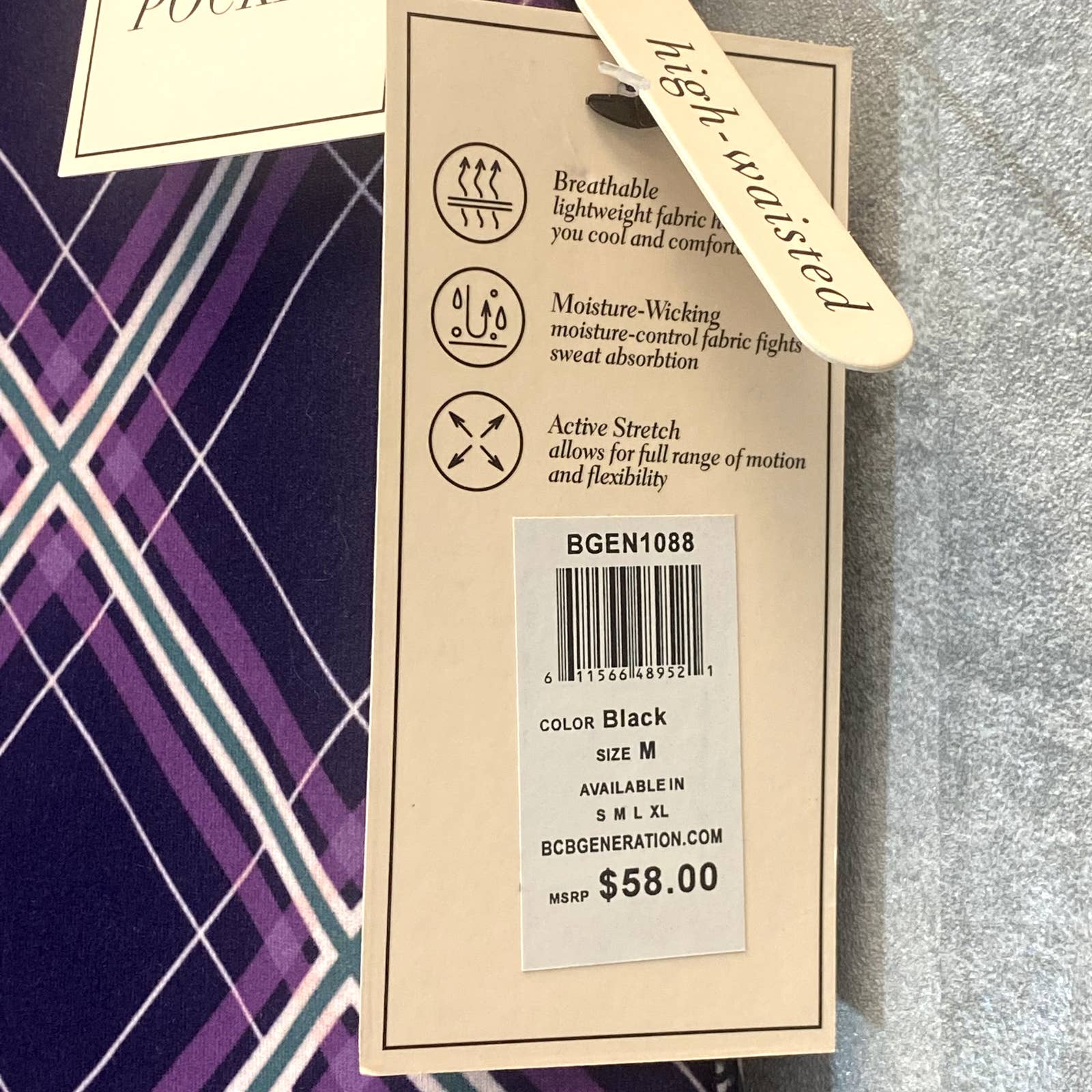 BCBGENERATION Women's Black-Purple Plaid High-Rise Pull-On Stretch Crop Leggings SZ M