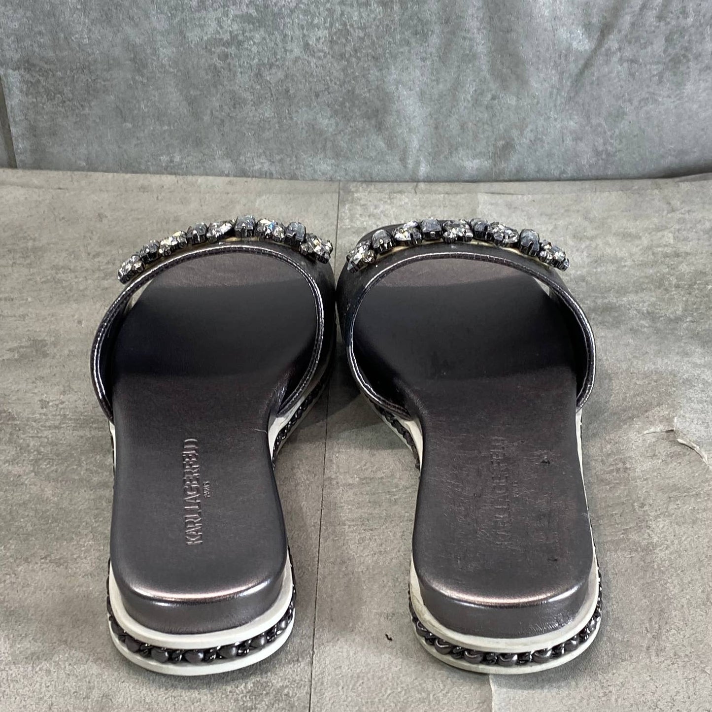 KARL LAGERFELD Women's Silver Metallic Bijou Rhinestone Slide Sandals SZ 6.5