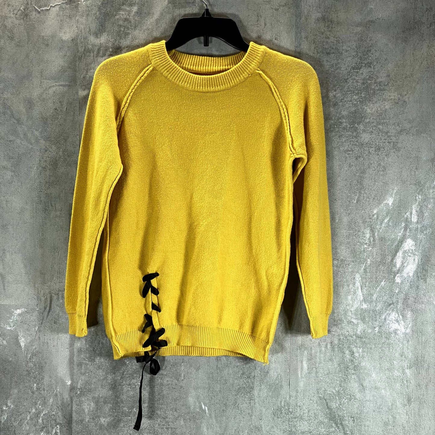 NO BRAND Women's Yellow Crewneck Ribbon-Tie Hem Pullover Sweater SZ M