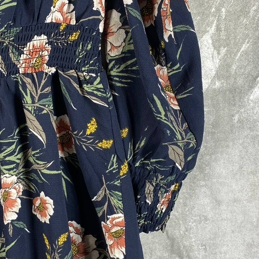 NY COLLECTION Women's Navy Floral V-Neck Smocked Long-Sleeve Fit & Flare Dress