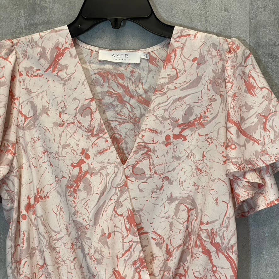 ASTR THE LABEL Women's Pink Marble Flutter Sleeve Surplice Top SZ S