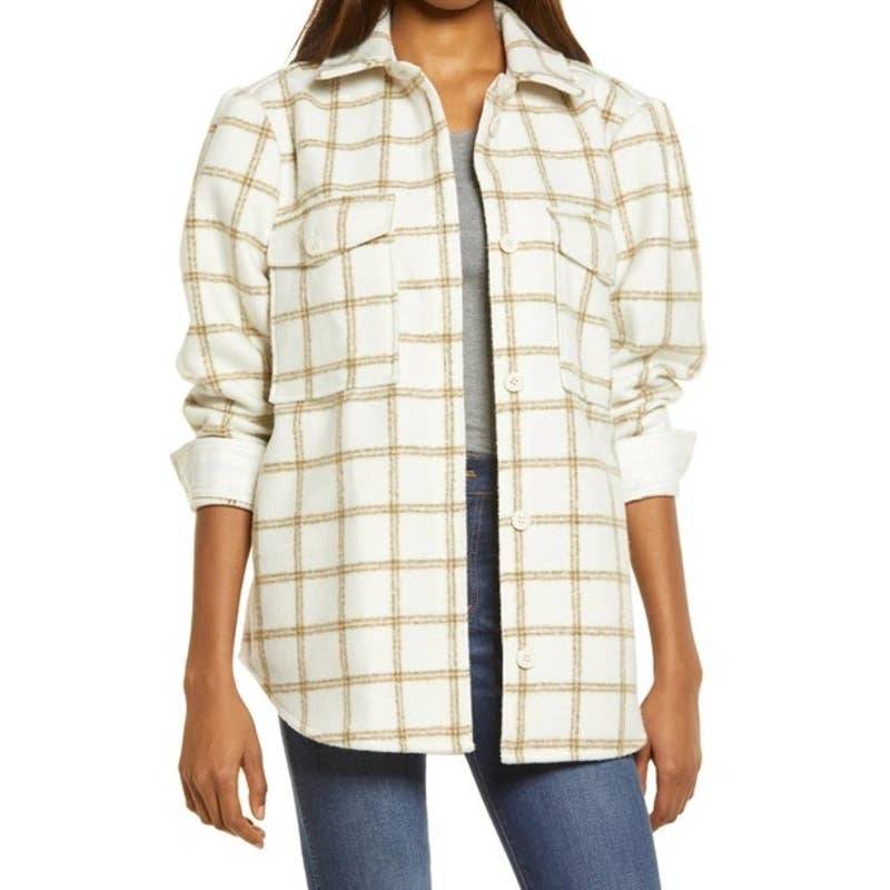 TREASURE & BOND Ivory Carsonpane Plaid Puff Sleeve Shirt Jacket SZ XS