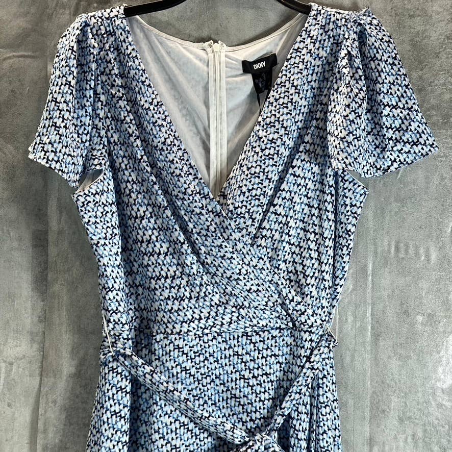 DKNY Women's Blue Printed Flutter-Sleeve V-Neck Faux-Wrap Dress SZ 14
