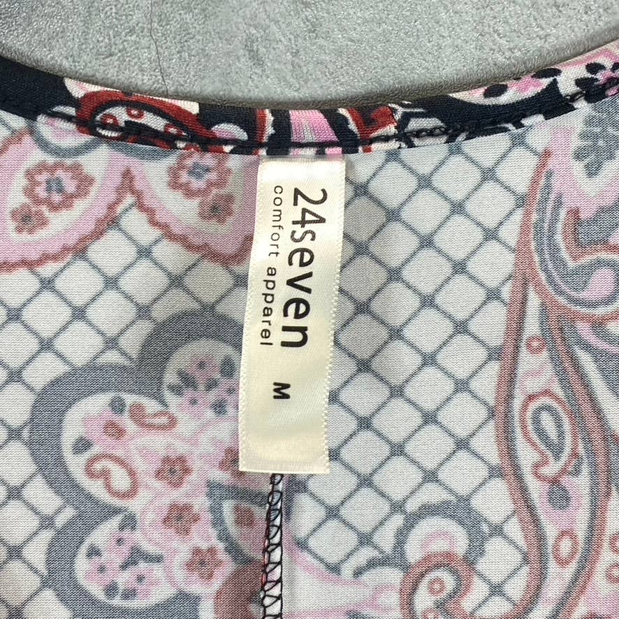 24SEVEN Comfort Apparel Women's Burgundy Printed Faux-Wrap 3/4 Sleeve Dress SZ M