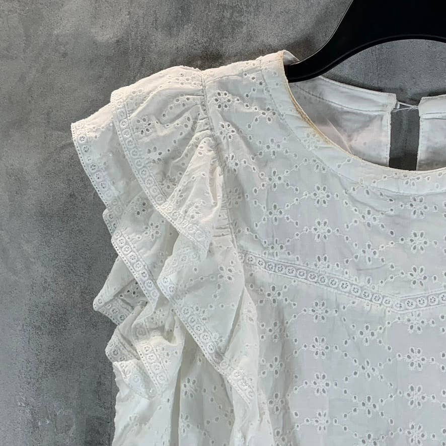 CHARTER CLUB Women's Bright White Crewneck Eyelet Flutter Short-Sleeve Top SZ L