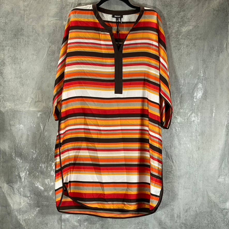 DKNY Women's Multi Striped Split-Neck Elbow-Sleeve Shirttail Dress SZ L