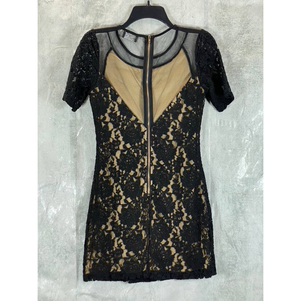 ASTR Women's Black Mesh Lace Lined Short-Sleeve Bodycon Mini Dress SZ XS