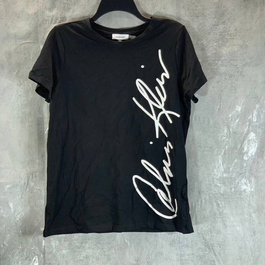 CALVIN KLEIN Women's Black Signature Logo Crewneck Short-Sleeve Tee SZ M