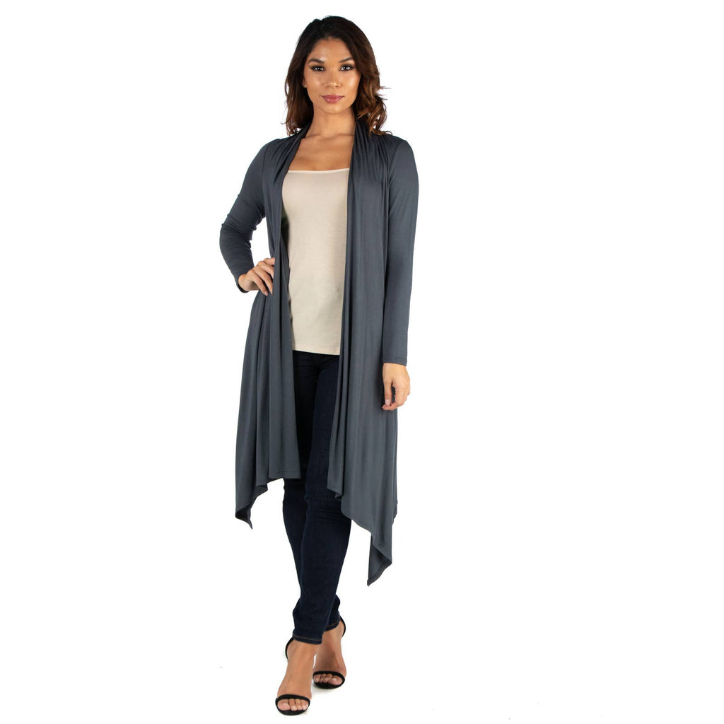 24SEVEN COMFORT APPAREL Women's Grey Long-Sleeve Open-Front Extra Long Cardigan