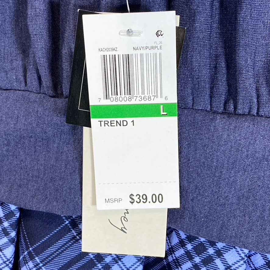 KINGSTON GREY Juniors' Navy Check Pleated Skirt Crewneck Mini Sweater Dress SZ L