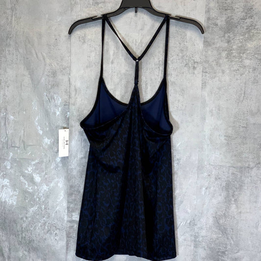 H HALSTON STUDIO Classic Navy Abstract Leopard Print Y-Back Strappy Tank Top SZ M