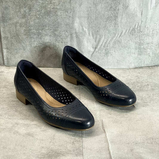 CLARKS Women's Wide Navy Leather Perforated Juliet Cedar Block-Heel Loafers