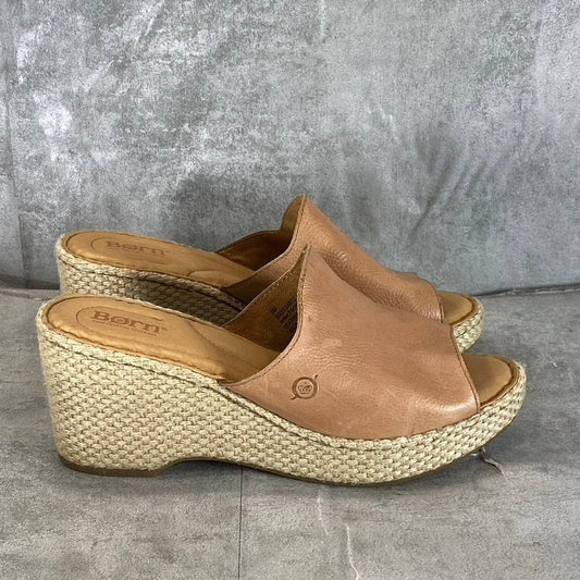 BORN Women's Tan Leather Lilah Round-Toe Slip-On Wedge Platform Sandals SZ 9