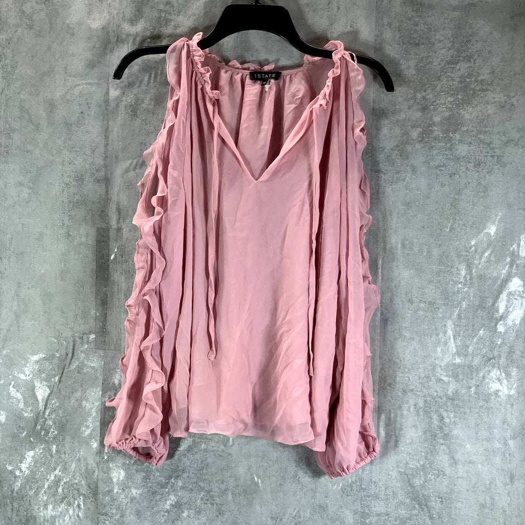 1.STATE Women's Rose Pink Ruffled Tie V-Neck Cold-Shoulder Top SZ M