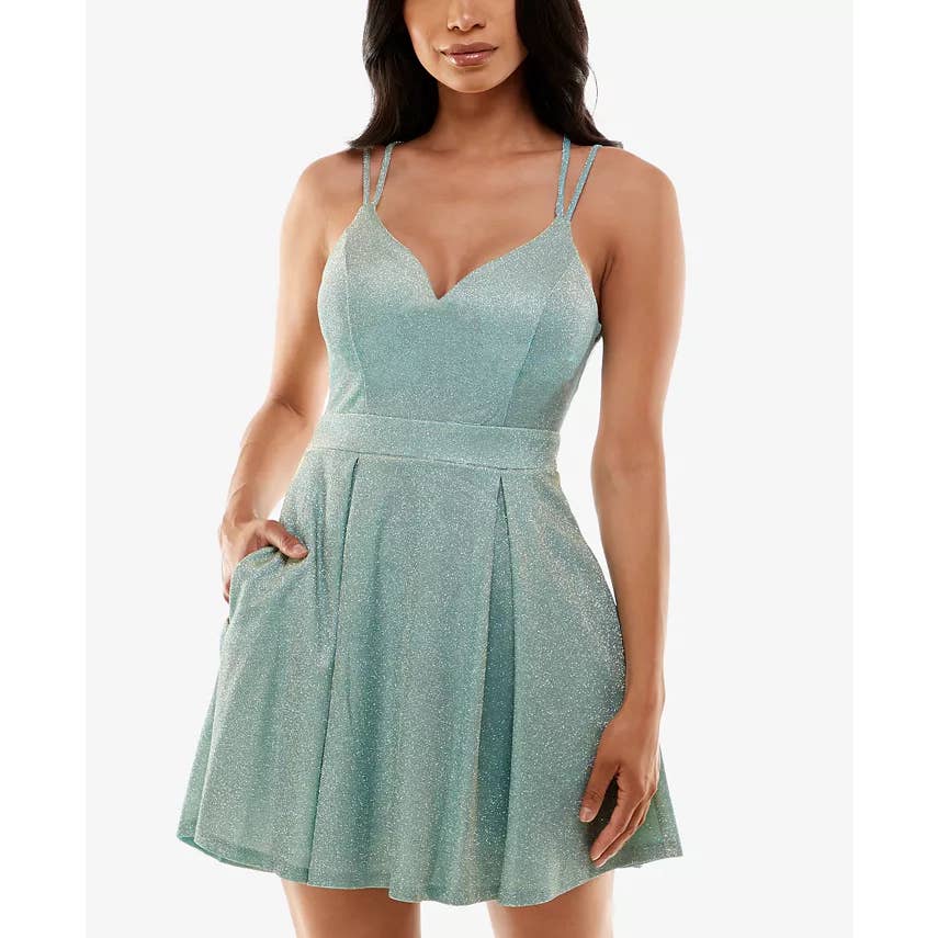 B. DARLIN Juniors' Mint Glitter Knit Sweetheart Neckline Pocketed Dress SZ 9/10