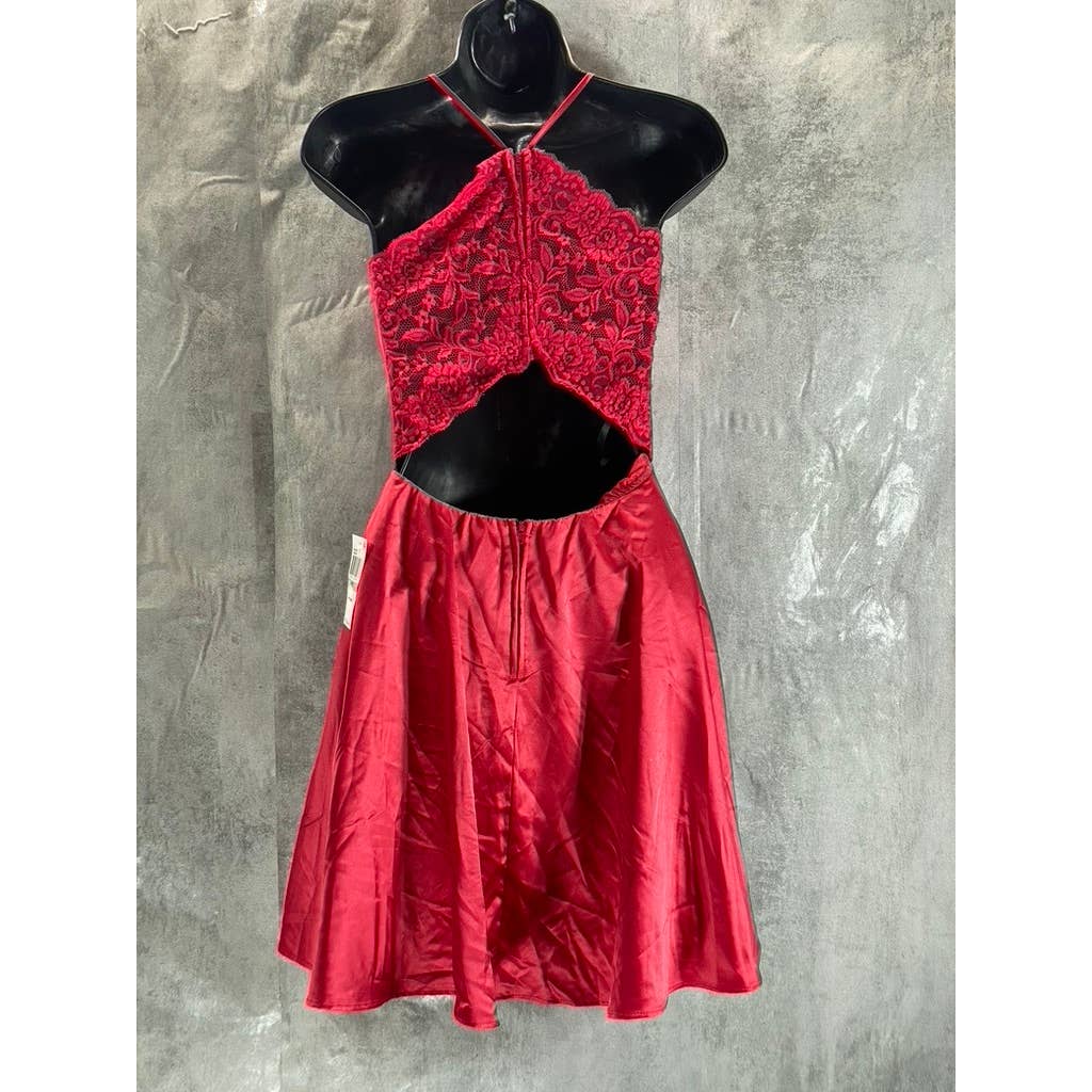 B. DARLIN Juniors' Crimson Red Satin V-Neck Lace-Back Pocketed Mini Dress SZ 1/2
