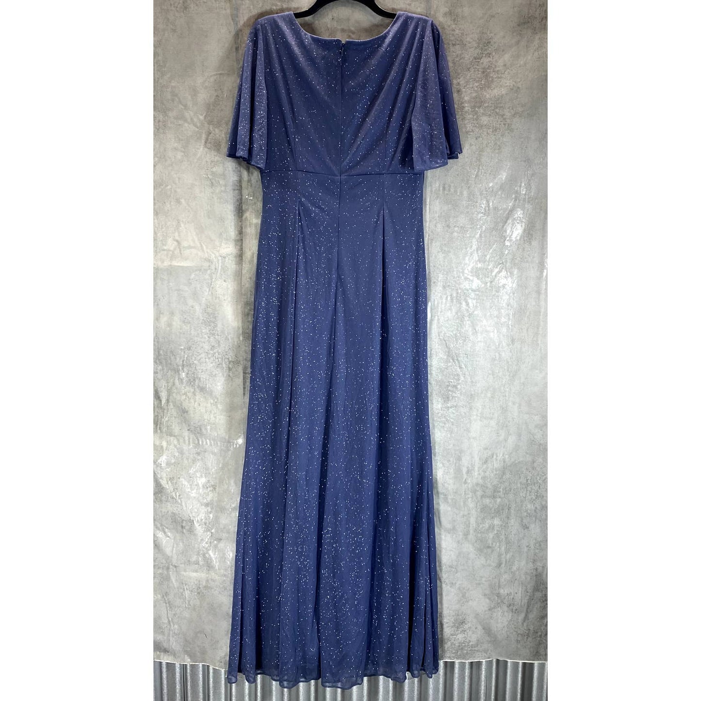 SLNY Women's Dusty Blue Glitter Mesh Flare Sleeve Ruched Rhinestone Waist Gown