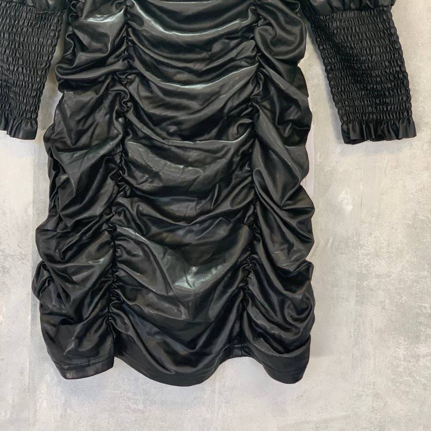 TOPSHOP Black Faux Leather 3/4 Sleeve Ruched Mini Dress SZ 10