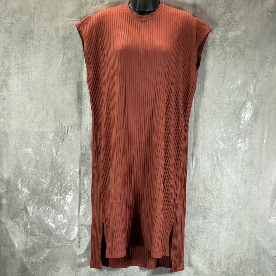 EILEEN FISHER Women's Terracotta Ribbed Crewneck Hi-Low Shift Mini Dress SZ S