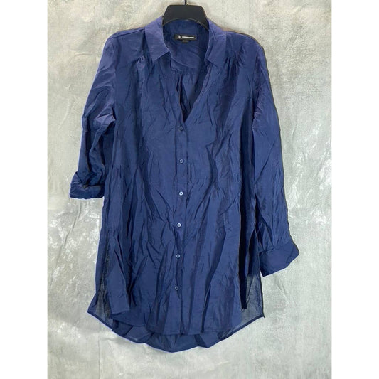 INC INTERNATIONAL CONCEPTS Women's Navy V-Neck Button-Front 3/4 Roll-Tab Sleeve Tunic Top SZ L