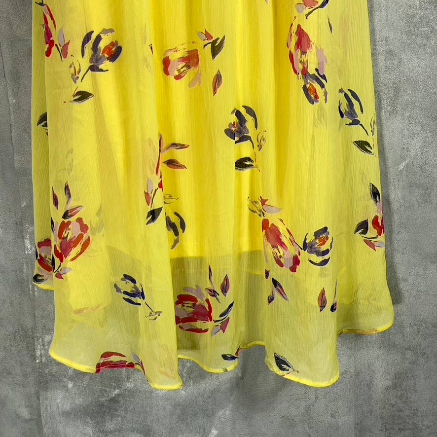 DKNY Women's Yellow Floral Smocked Flutter Short-Sleeve Hi-Low Hem Midi Dress