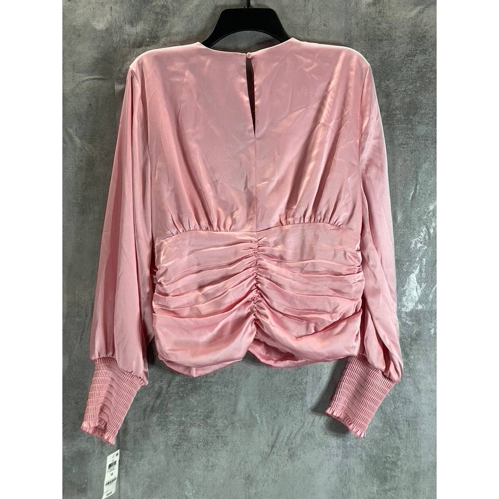BAR III Women's Cupid Blush V-Neck Ruched Smocked Cuff Long-Sleeve Blouse SZ 14