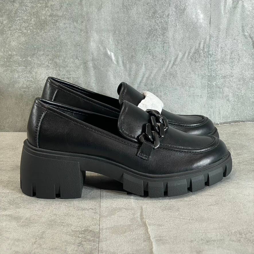 MADDEN GIRL Women's Black Hoxtonn Chain Lug Sole Block-Heel Loafers SZ 8.5