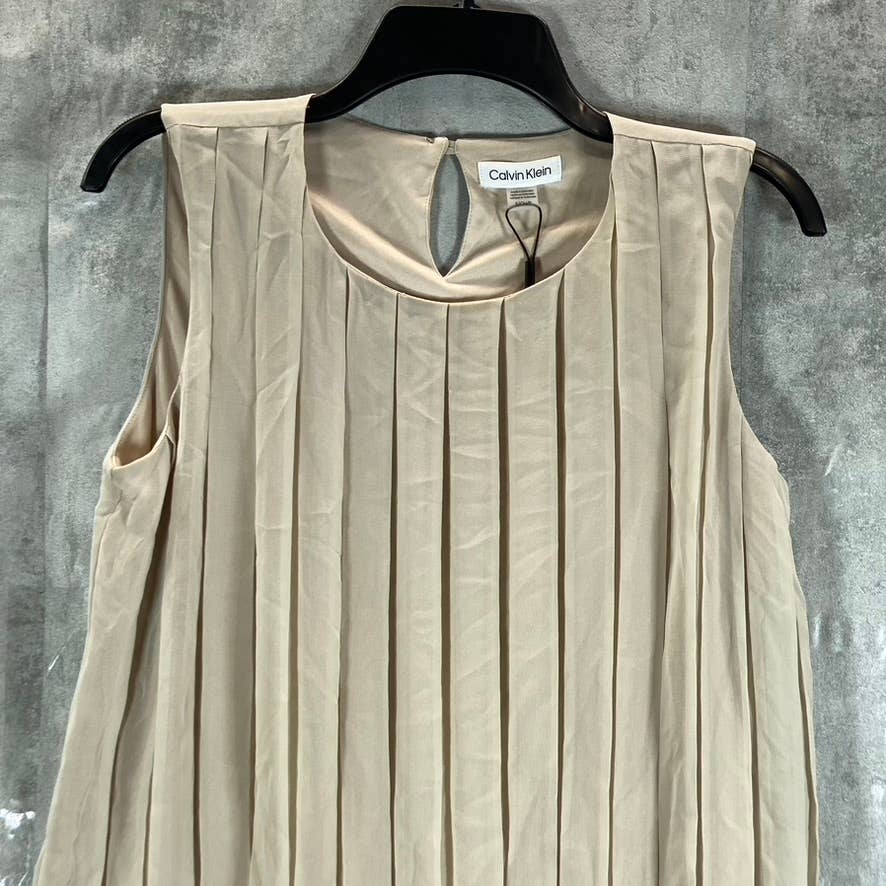 CALVIN KLEIN Women's Solid Khaki Pleated Neck Sleeveless Top SZ S