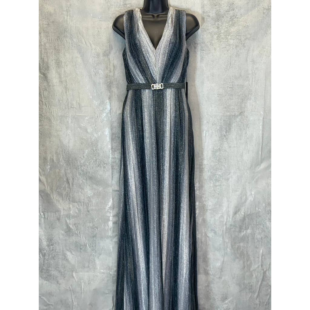 VINCE CAMUTO Women's Gunmetal Metallic Stripe Deep V-Neck Sleeveless Gown SZ 4