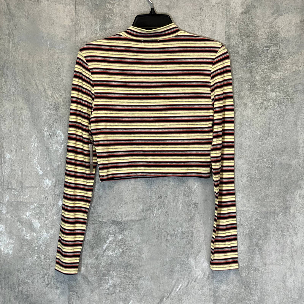 BP. Women's Yellow Multi Stripe Ribbed Mock Neck Long Sleeve Crop Top SZ M
