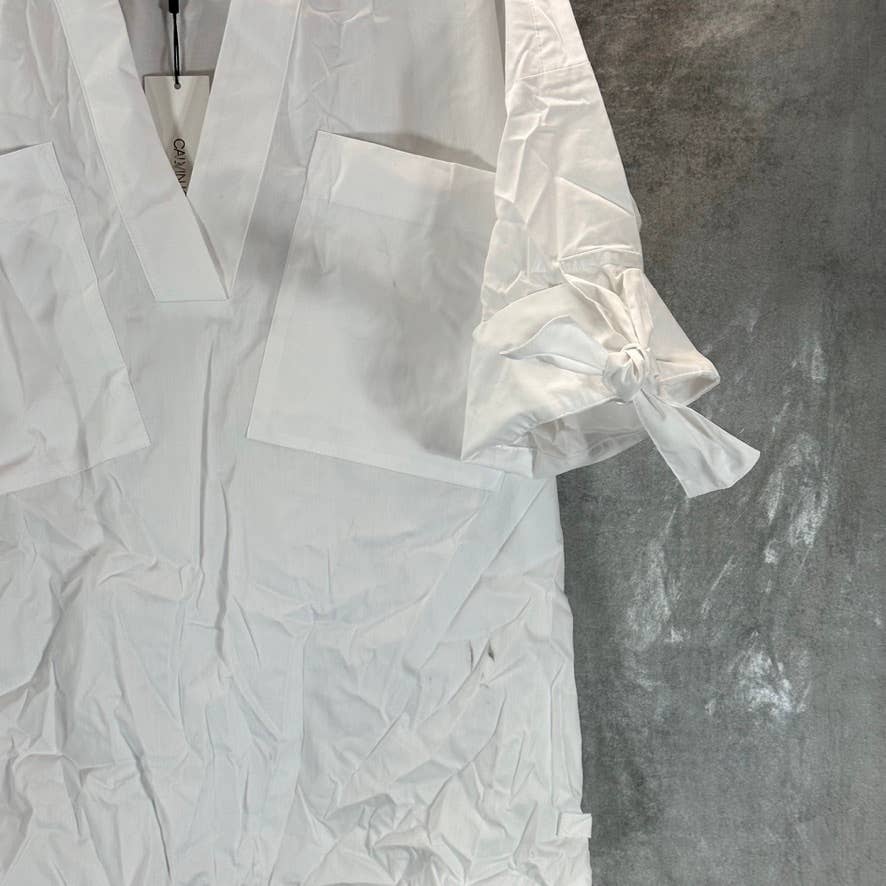 CALVIN KLEIN Women's Soft White V-Neck Tie Elbow Sleeve Top SZ S